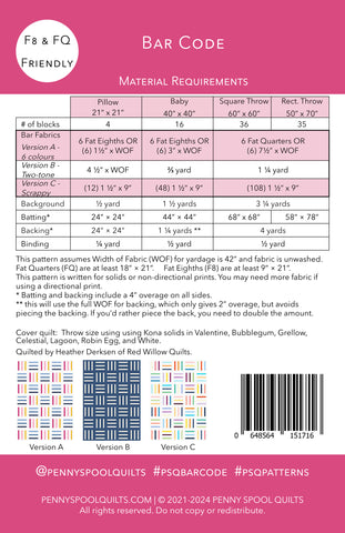 Bar Code quilt pattern - back cover with fabric requirements