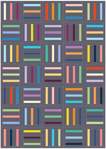 Bar Code quilt pattern by Penny Spool Quilts - mockup in scrappy on charcoal