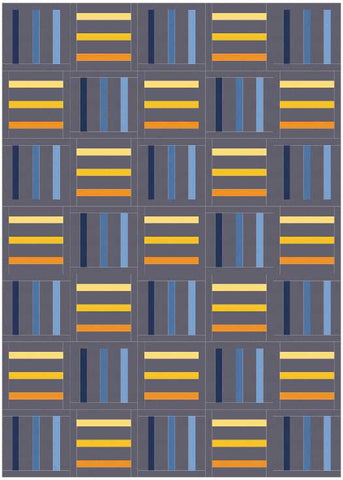Bar Code quilt pattern by Penny Spool Quilts - mockup in blue and yellow on charcoal