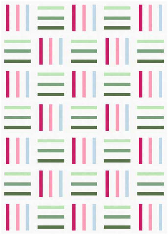 Bar Code quilt pattern by Penny Spool Quilts - mockup in pink, green and blue on white