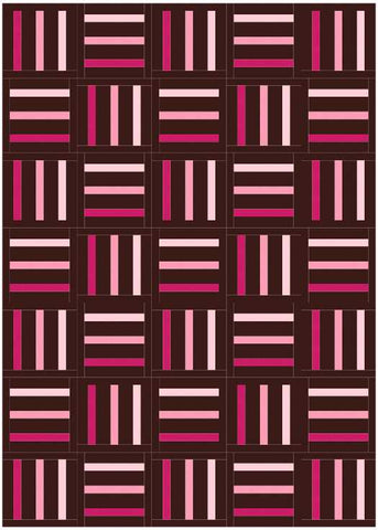 Bar Code quilt pattern by Penny Spool Quilts - mockup in pink ombre on chocolate