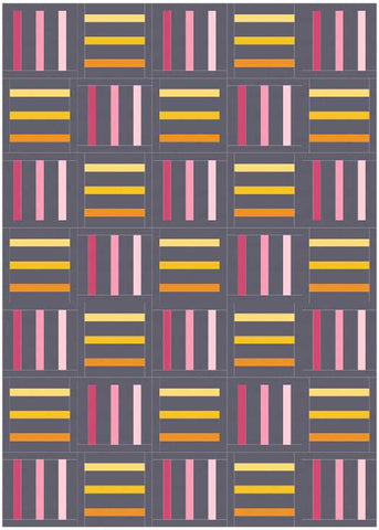 Bar Code quilt pattern by Penny Spool Quilts - mockup in pink and yellow on charcoal