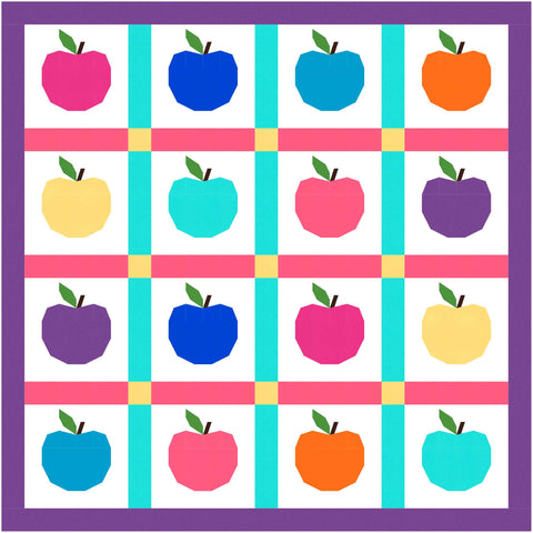 Apple FPP Quilt Block by Penny Spool Quilts - apple quilt mockup in fantasy colours - pink, blue, teal, orange, yellow, purple