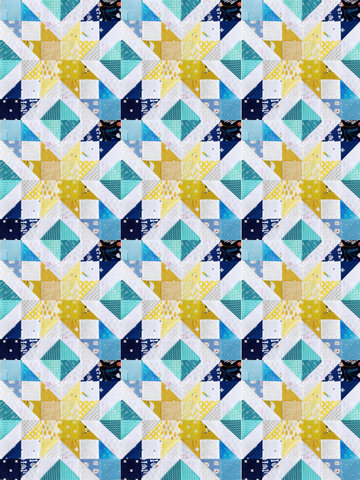 Star Gems scrappy quilt block pattern - blue and yellow quilt block photo multiplied to mock  up a full quilt