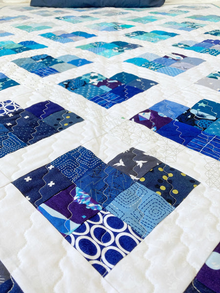 Scrappy Hearts quilt pattern by Penny Spool Quilts - blue ombre sample quilt