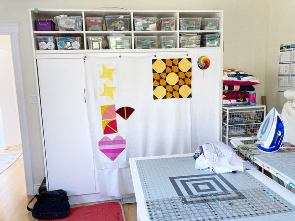 my studio, design wall and scrap storage