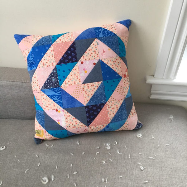 Pink and Blue Swirl Pillow, Ripple & Swirl Modern HST Quilt Pattern by Penny Spool Quilts