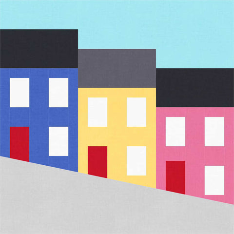 Jellybean Row FPP Quilt Block Pattern - quilt block with three staggered row houses in blue, yellow and pink