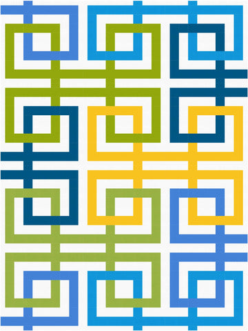 Line Dance quilt by Penny Spool Quilts - mockup in Small Throw size using solids in green, yellow and blue on white background