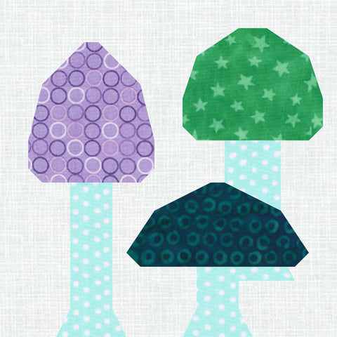 Woodland Shrooms FPP quilt block pattern by Penny Spool Quilts - mockup in fantasy colours