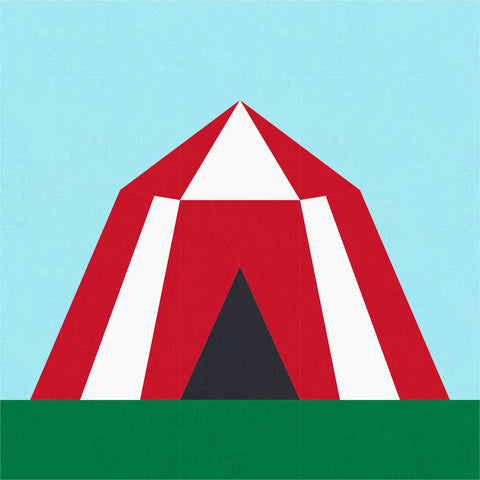 Circus tent Big Top FPP quilt block pattern by Penny Spool Quilts - digital mockup of red and white striped circus tent on green grass with blue sky