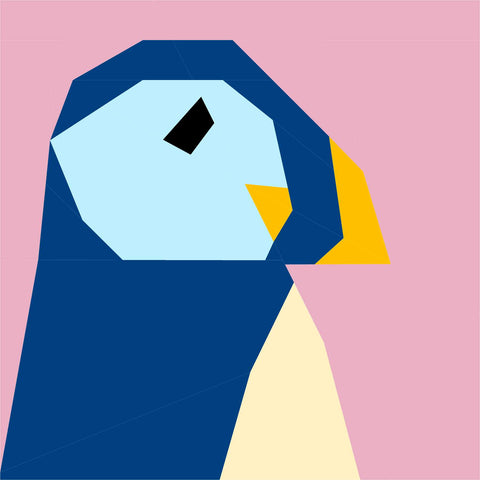 Puffin Head FPP Quilt Block pattern by Penny Spool Quilts - digital mockup with blue bird and pink background
