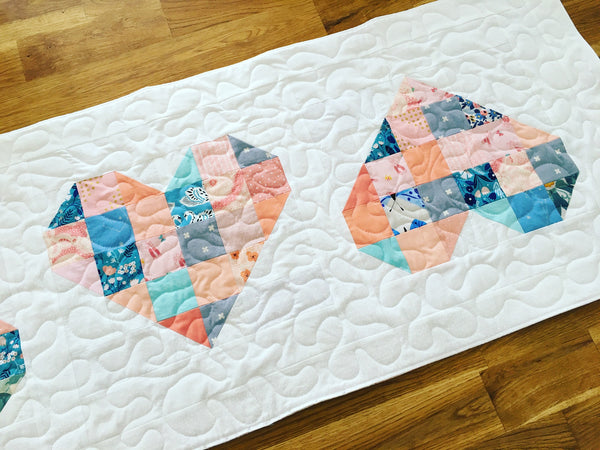 tumbled love table runner by penny spool quilts, scrappy hearts quilted table runner