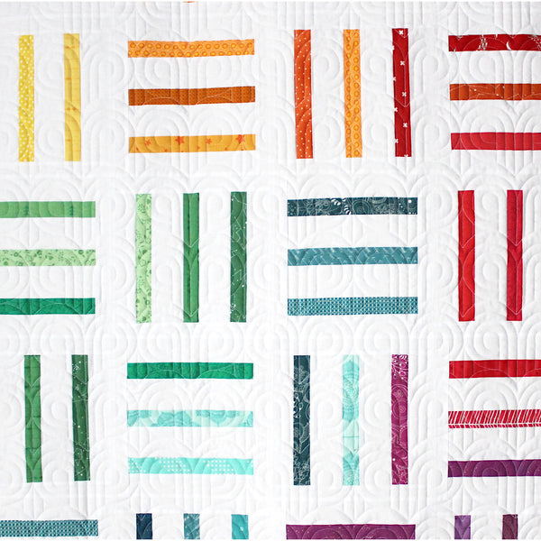 Bar Code Quilt by Monika Henry of Penny Spool Quilts Scrappy Rainbow quilted by Heather Derksen Red Willow Quilts