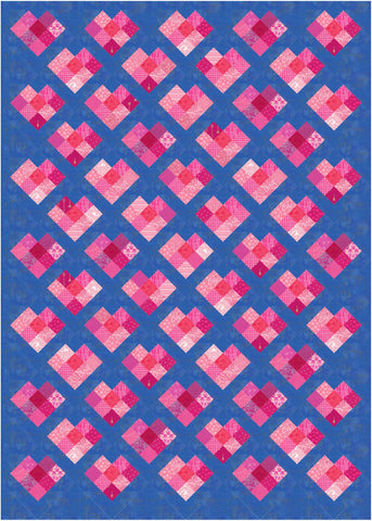 Scrappy Love quilt pattern by Penny Spool Quilts - digital mockup in pink on blue