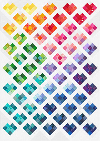 Scrappy Love quilt pattern by Penny Spool Quilts - digital mockup in rainbow on white