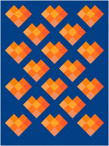 Scrappy Love Quilt Pattern by Penny Spool Quilts - digital mockup in orange on dark blue background