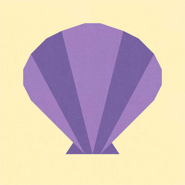 Seashell FPP quilt block pattern by Penny Spool Quilts - scallop seashell in purple on pale yellow background