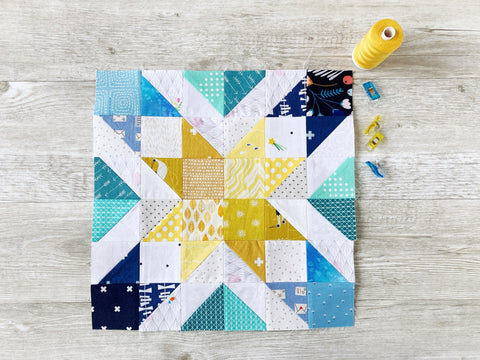 Star Gems quilt block pattern by Penny Spool Quilts - sample block in aqua blue and yellow