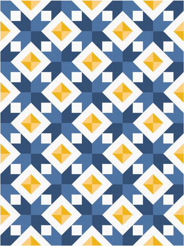 Star Gems quilt block pattern by Penny Spool Quilts - full quilt mockup in blue and yellow