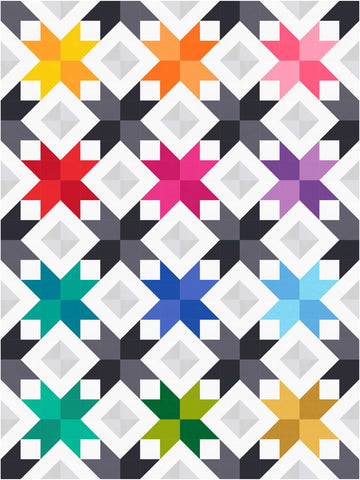 Star Gems quilt block pattern by Penny Spool Quilts - full quilt mockup in black and white with rainbow stars