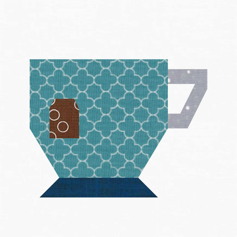 Tea Cup FPP quilt block by Penny Spool Quilts - teal cup with blue foot and grey handle on white background
