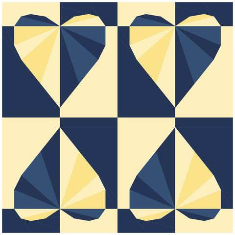 Rays of Love quilt block pattern by Penny Spool Pattern - Mini quilt using 4 blocks with alternating background colours in yellow and navy