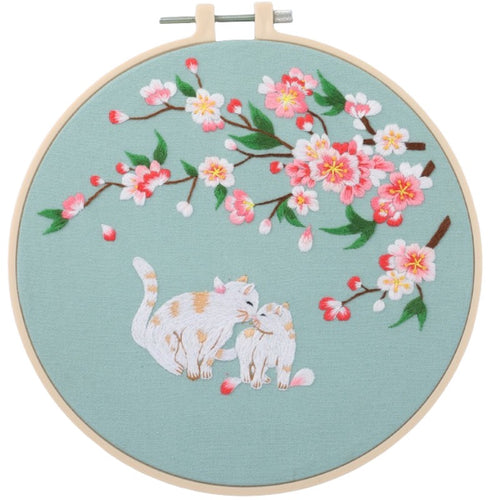 Peach Blossom & 2 Cats Needle Painting Hand Embroidery Kit 8