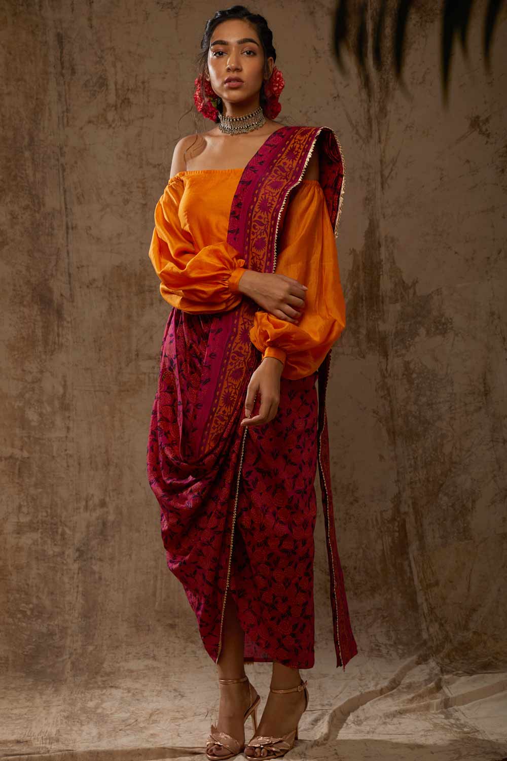 Block Printed Marigold Saree Dress – Aapro