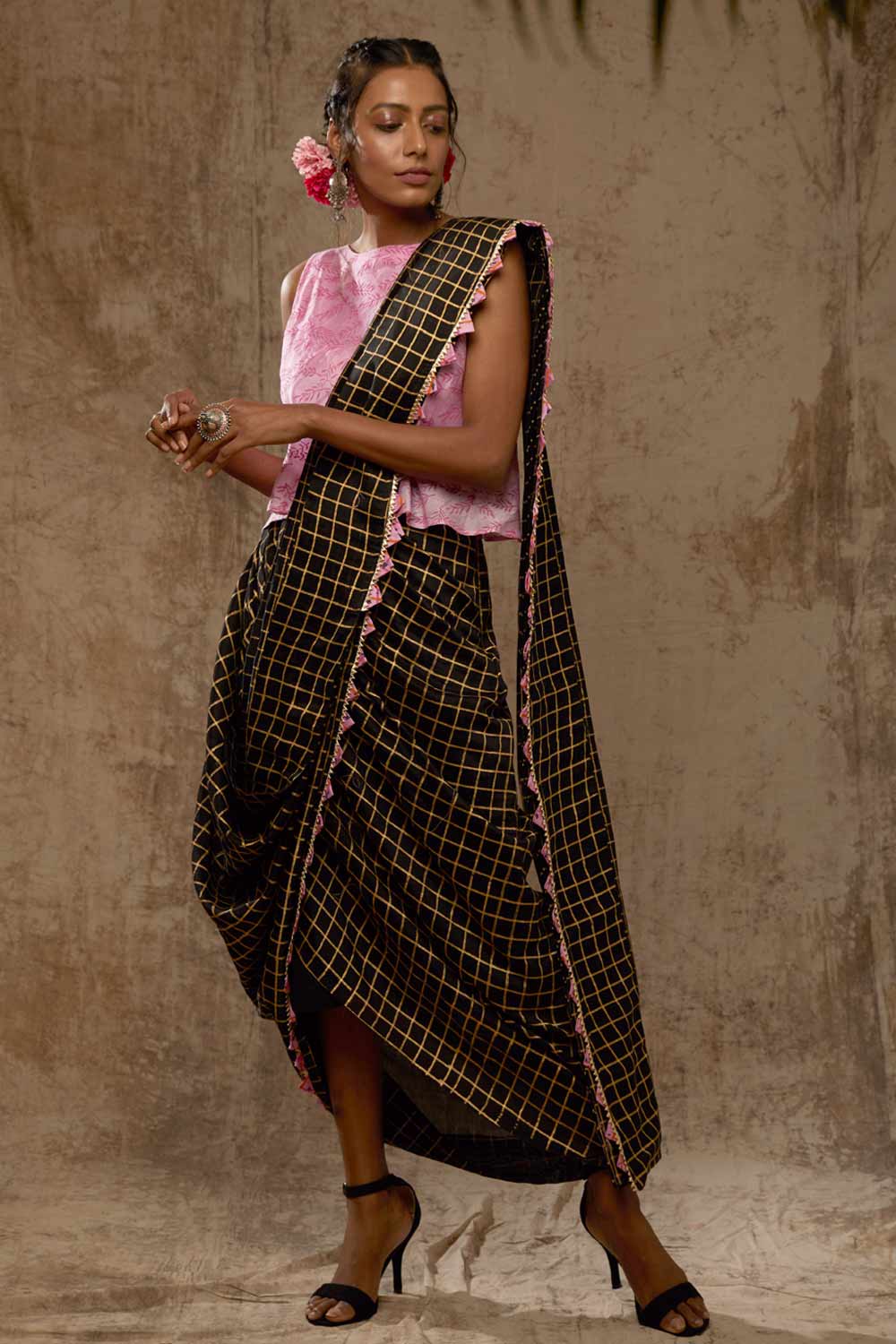 Block Printed Checks Saree Dress – Aapro