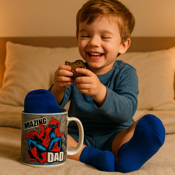 Spiderman Dad Blue Mug & Sock Set – Funny Father’s Day Gift for Dad | Superhero Style Coffee Ceramic Cup with Comfort Grip | for Man from Kids Son or Daughter | 11oz- Microwave & Dishwasher safe 1