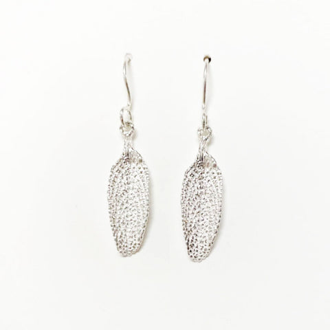 sage leaf earrings in sterling silver on white background