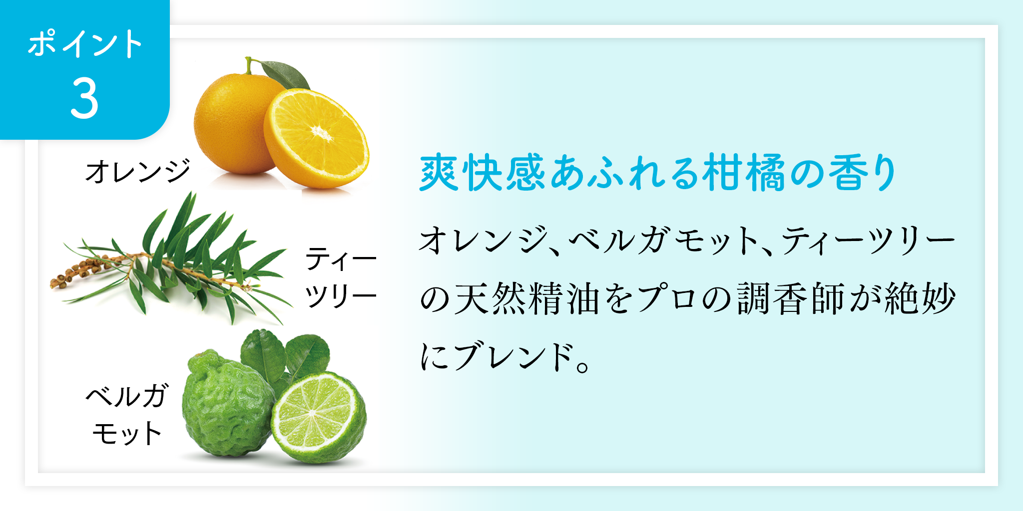 爽快感ある天然精油エッセンシャルオイルの香りはオレンジ、ベルガモット、ティーツリー