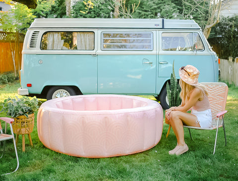 Lady relaxing by beautiful adult inflatable pool by lykkeshop.com