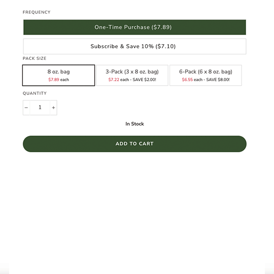 animated demonstration of the subscription functionality, changing the quantity and adding to cart