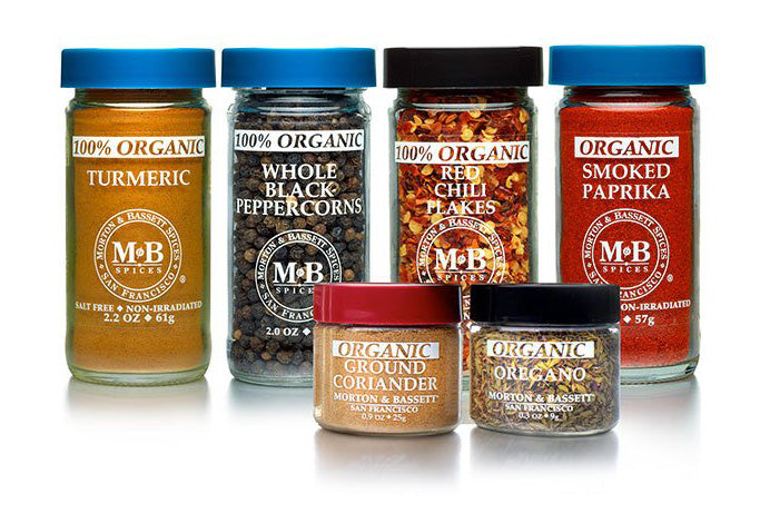 row of Morton & Bassett's organic spices in bottles
