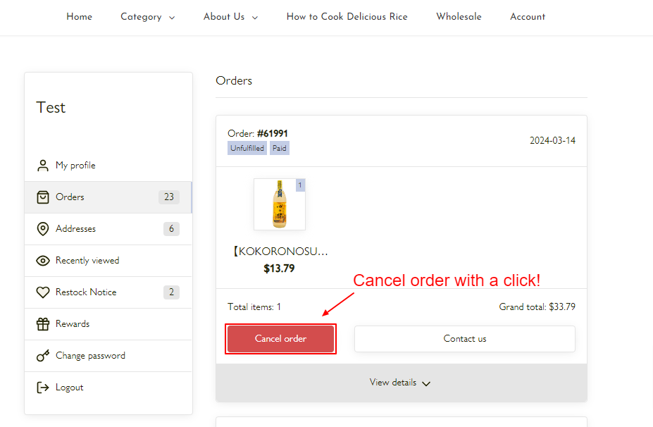 cancel order in customer account page
