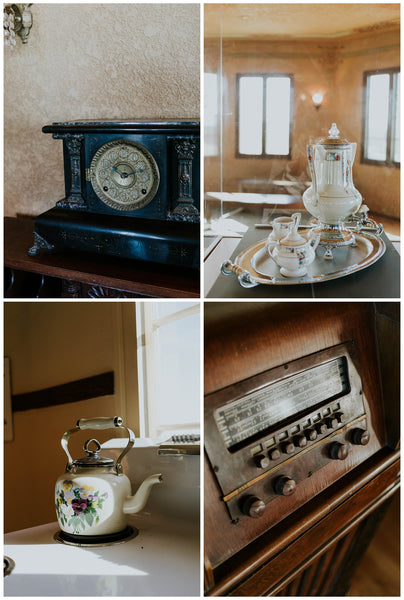 Four images, top left of an old clock, top right of a tea set enclosed in a glass case, bottom left of a teapot sitting on an old stove, and bottom right of a large old radio
