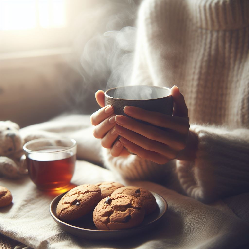 A woman holding a hot cup of tea above a plate of cookies
