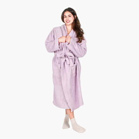 Purple elegant fall outfit. Warm and cozy robe