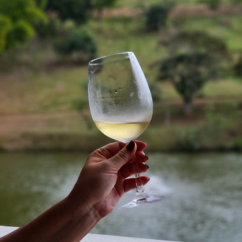 A man holds up a glass of white wine by the river. Cheers.