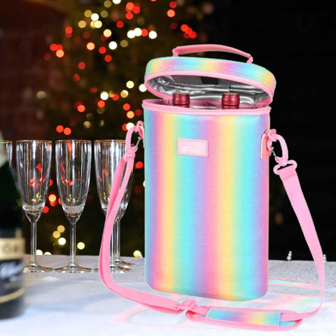 Rainbow-striped 2-bottle wine bag on tabletop next to wine glasses and wine.