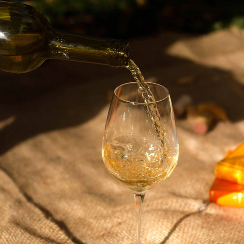 A man holds up a glass filled with white wine. Pour wine. Pour white wine.