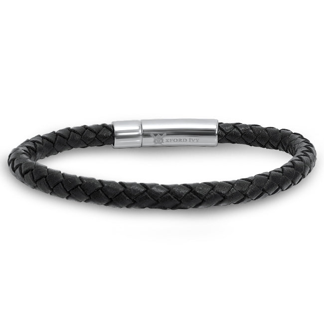 Oxford Ivy Braided Black Leather Mens Bracelet 6 mm 8 1/2 inches with ...