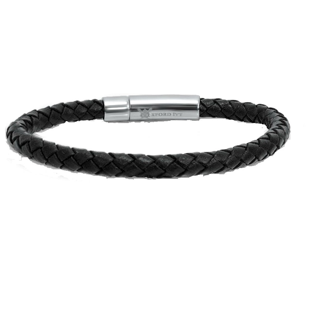 Oxford Ivy Braided Black Leather Mens Bracelet 6 mm 8 1/2 inches with ...