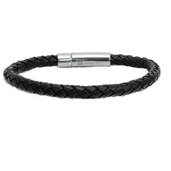 Oxford Ivy Braided Black Leather Mens Bracelet 6 mm 8 1/2 inches with ...