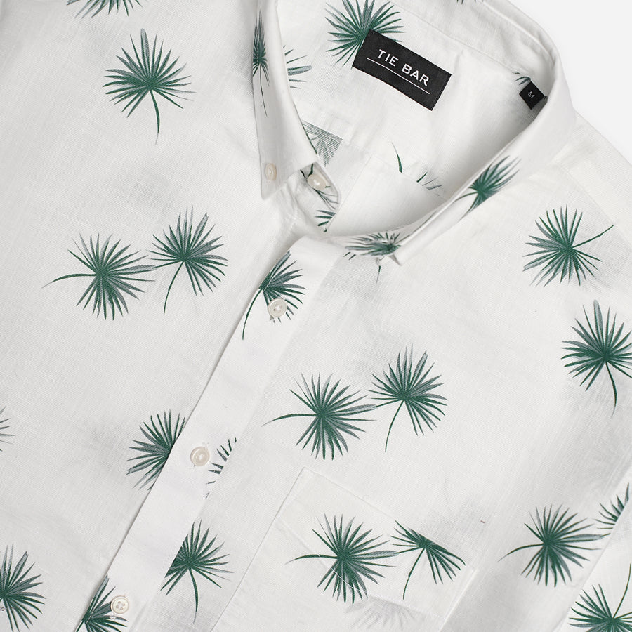 Printed Palm White Short Sleeve Shirt | Cotton Shirts | Tie Bar