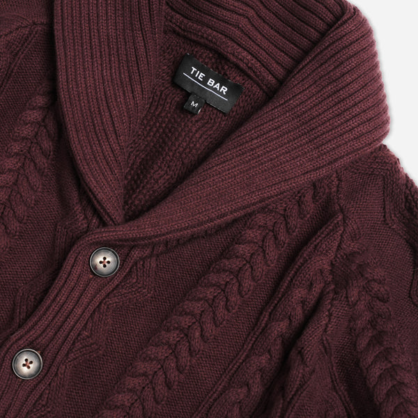 Cable Shawl Cardigan Burgundy Sweater | Cotton Sweaters | Tie Bar