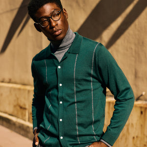 Merino Wool Striped Hunter Green Sweater Polo alternated image 3