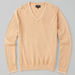 Perfect Tipped Merino Wool V-Neck Camel Sweater featured image